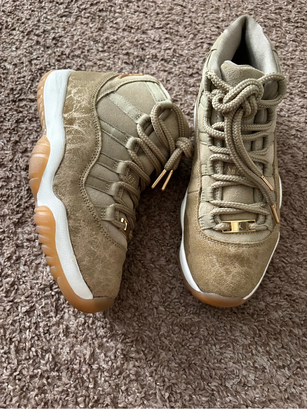 Jordan Women’s Tan Suede Sneakers with Gum Sole and Gold Accents
